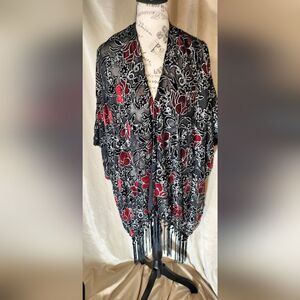 Ashley Stewart Black/Red Velvet Burnout Kimono w/Silver Beads & Fringe Detail